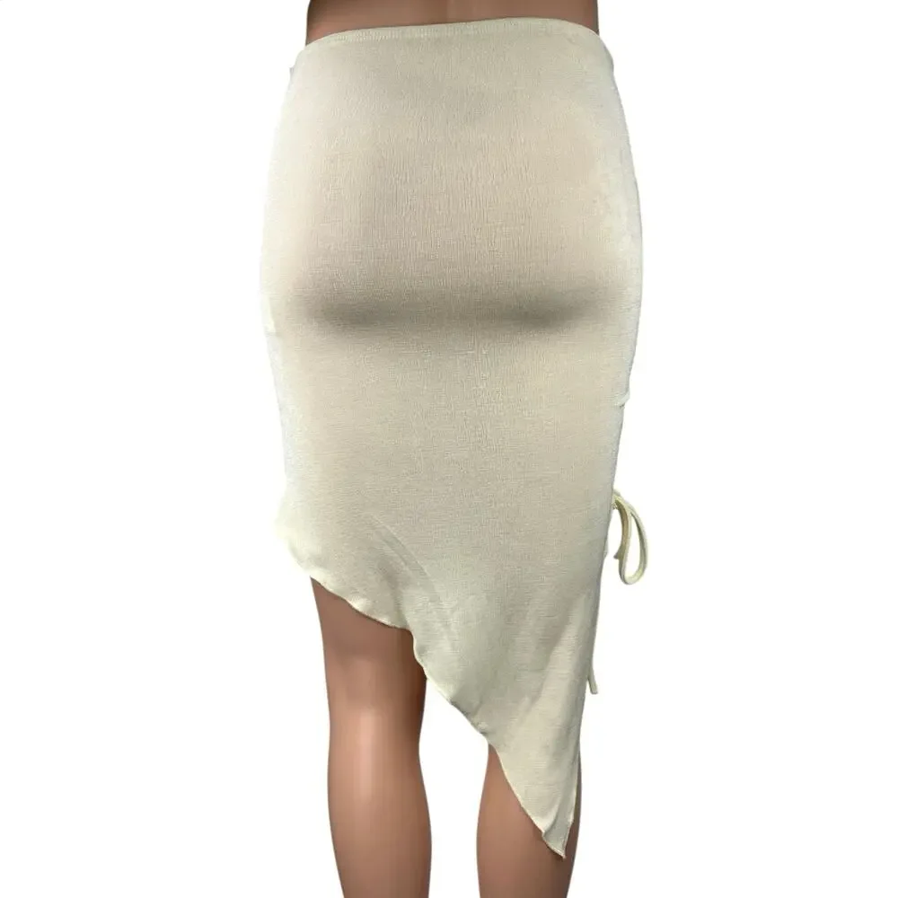 Commense Cream Asymmetric Tie High Waist Knit Fitted Stretch Mini Skirt Size M